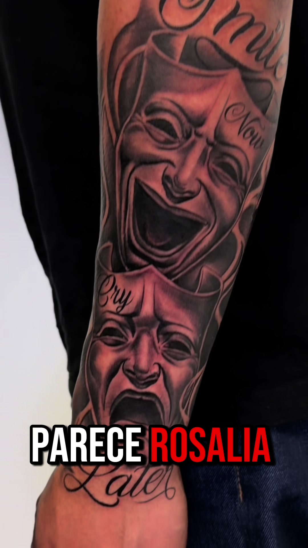 Tatuaje de máscaras de teatro Smile Now Cry Later en antebrazo, black and grey